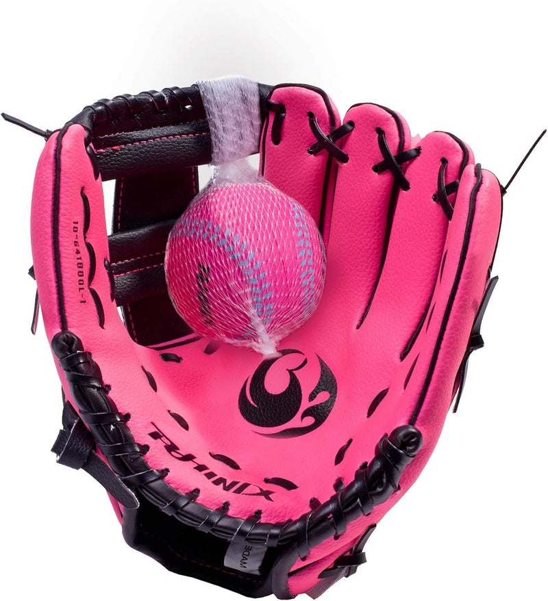 PHINIX 10" Baseball Glove Tee Ball Mitts and Soft Rubber Ball for Kids Beginner Play Training Right Hand Throw Pink - Image 2